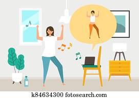 Online fitness concept. Work out via monitor, laptop, tablet. Vector illustration of a woman dancing zumba in her home. Online fitness concept. Work out via monitor, laptop, tablet. Vector illustration of a woman dancing zumba in her home.