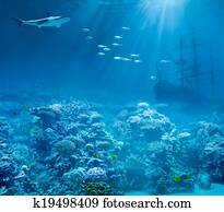 Sea or ocean underwater with shark and sunk treasures ship