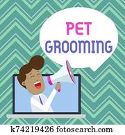 Text sign showing Pet Grooming. Conceptual photo hygienic care and enhancing the appearance of the pets Man Speaking Through Laptop into Loudhailer Blank Speech Bubble Announce. Text sign showing Pet Grooming. Conceptual photo hygienic care and enhancing the appearance of the pets Man Speaking Through Laptop into Loudhailer Blank Speech Bubble Announce.