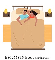Young couple sleeping in one bed at home vector illustration
