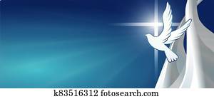 יונה, חלקיק, נוצרי, עובר, סמל., crucifix., רקע כחול, עם, מואר, rays., easter., סמל, של, purity., faith., baptism., קדוש, spirit., evangelization., resurrection., דגל