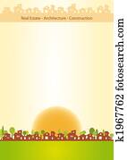 Brochure cover - Real estate, architecture, construction company. Warm tones, houses silhouettes Brochure cover - Real estate, architecture, construction company. Warm tones, houses silhouettes