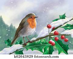 European robin perched on a branch in a snowy landscape European robin perched on a branch in a snowy landscape