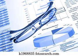 Eyewear and printed srock report. Business concept.