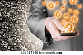 mano, con, móvil, elegante, teléfono, y, bitcoin, símbolo