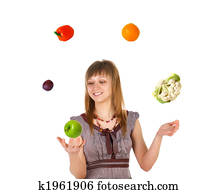 mujer, malabarismo, con, frutas y vehículos
