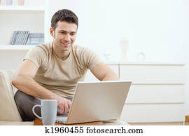 vrolijke, man, het gebruiken computer