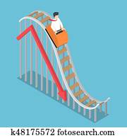 Businessman is Riding on a Roller Coaster with Falling Graph Businessman is Riding on a Roller Coaster with Falling Graph