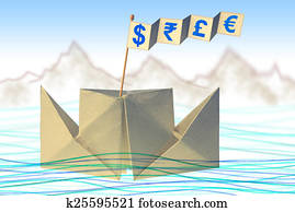 Origami paper boat with flag writing different currency signs Origami paper boat with flag writing different currency signs