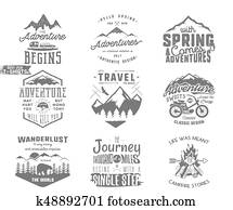 Spring adventure and mountain explorer typography labels set. Outdoors activity inspirational insignias. Silhouette hipster style. Best for t shirts, mugs. patches isolated on white background Spring adventure and mountain explorer typography labels set. Outdoors activity inspirational insignias. Silhouette hipster style. Best for t shirts, mugs. patches isolated on white background