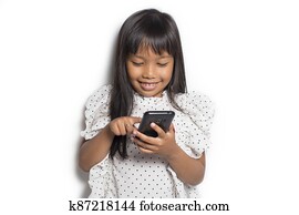 שמח, אסייתי, ילדה קטנה, להשתמש, חכם, טלפן, בלבן, רקע
