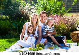 família jovem, tendo piquenique, em, um, parque