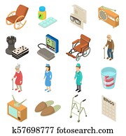 Nursing home icons set, isometric style