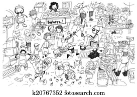 Black and white drawing of busy market cartoon Black and white drawing of busy market cartoon