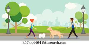Man and Woman with Dogs in the Park Man and Woman with Dogs in the Park