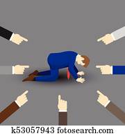 obchodník, kneeling, a, others, pointing do, jeho