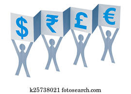 Paper Men with flag writing different currency signs Paper Men with flag writing different currency signs