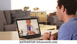 sujeito, usando computador portátil, falar, para, doutor