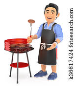 3D Young man in shorts cooking on a barbecue 3D Young man in shorts cooking on a barbecue