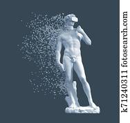 Digital Disintegration Of Sculpture David With VR Glasses On Blue Background Digital Disintegration Of Sculpture David With VR Glasses On Blue Background
