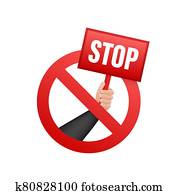 Hand holding placard stop on white background. Danger symbol. Web banner element. Vector stock illustration.