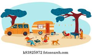 People on summer camp picnic vector illustration, cartoon flat man woman camper traveler characters have fun together isolated on white People on summer camp picnic vector illustration, cartoon flat man woman camper traveler characters have fun together isolated on white