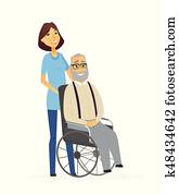 senior, helpen, -, gekleurde, hippe, platte, motieven, illustratie