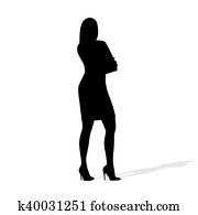 Standing business woman with folded arms. Isolated vector silhouette. Teacher, manager, lawyer, financial advisor, succesful woman at work. Full body