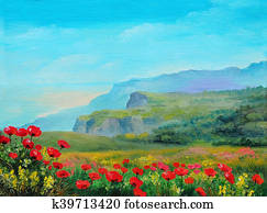 Oil painting - poppy field in the mountains Oil painting - poppy field in the mountains