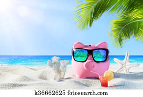 Piggy Bank With Drink On The Beach Piggy Bank With Drink On The Beach