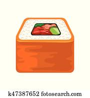 Seafood sushi roll with salmon, traditional Japanese cuisine. Colorful cartoon illustration Seafood sushi roll with salmon, traditional Japanese cuisine. Colorful cartoon illustration