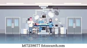 arabe, chirurgiens, équipe, entourer, arabe, patient, mensonge, sur, opération, table, pendant, chirurgie, monde médical, ouvriers, dans, hijab, opération, salle, hôpital, clinique, intérieur, horizontal, longueur pleine