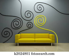 inneneinrichtung, -, gelbe couch, und, dekoriert, wand