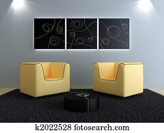 Interiors design - Peach seats and black modern decorations Interiors design - Peach seats and black modern decorations