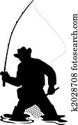 Silhouette of fisherman fly fishing with net Silhouette of fisherman fly fishing with net