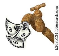 Dirty copper faucet running with money 3D style