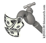 Silver faucet running with money 3D style