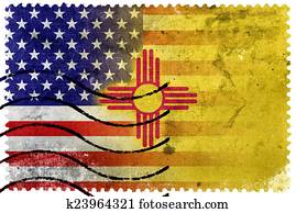 USA and New Mexico State Flag - old postage stamp