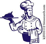 טבח, עם, צלחת של אוכל, ו, מגבת