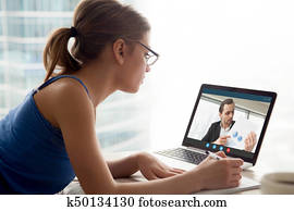 businesspeople, utilizar, vídeo, llamada, app, concepto, virtual, communicati