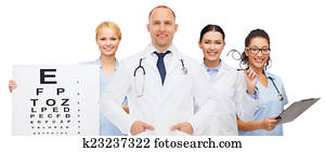 group of smiling doctors with eye chart