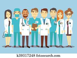 hôpital, personnel médical, équipe, médecins, infirmières, chirurgien, vecteur, plat, illustration