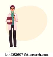 Doctor in white lab coat and green uniform holding clipboard