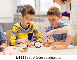 feliz, crianças, predios, robô, em, robótica, escola