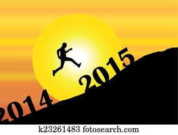 een, jonge man, schaduwfiguur, springt, voorbij, 2014, in, de, jaarwisseling, 2015, op, berg, met, helder, gele zon, &, oranjekleurige hemel, -, avond, ondergaande zon, of, morgen, zonsopkomst, concept, illustratie, kunst