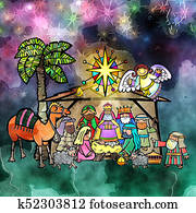 nacimiento de navidad, acuarela, escena