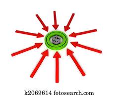 trois dimensionnel, signe dollar, sur, flèches