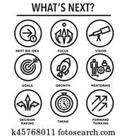 What's Next Icon Set with Big Idea, Mentoring, Decision Making, and Forward Thinking etc Icons