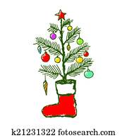 Christmas hand drawn fir tree and sock for xmas