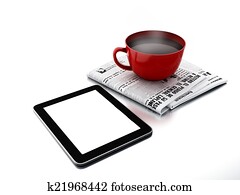 Coffee cup, newspaper and tablet pc